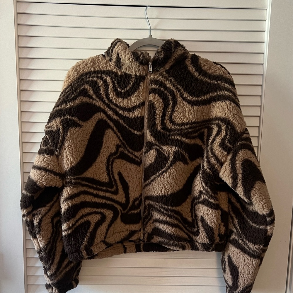 Hollister Brown Retro Patterned Mock-Neck Full-Zip Sherpa